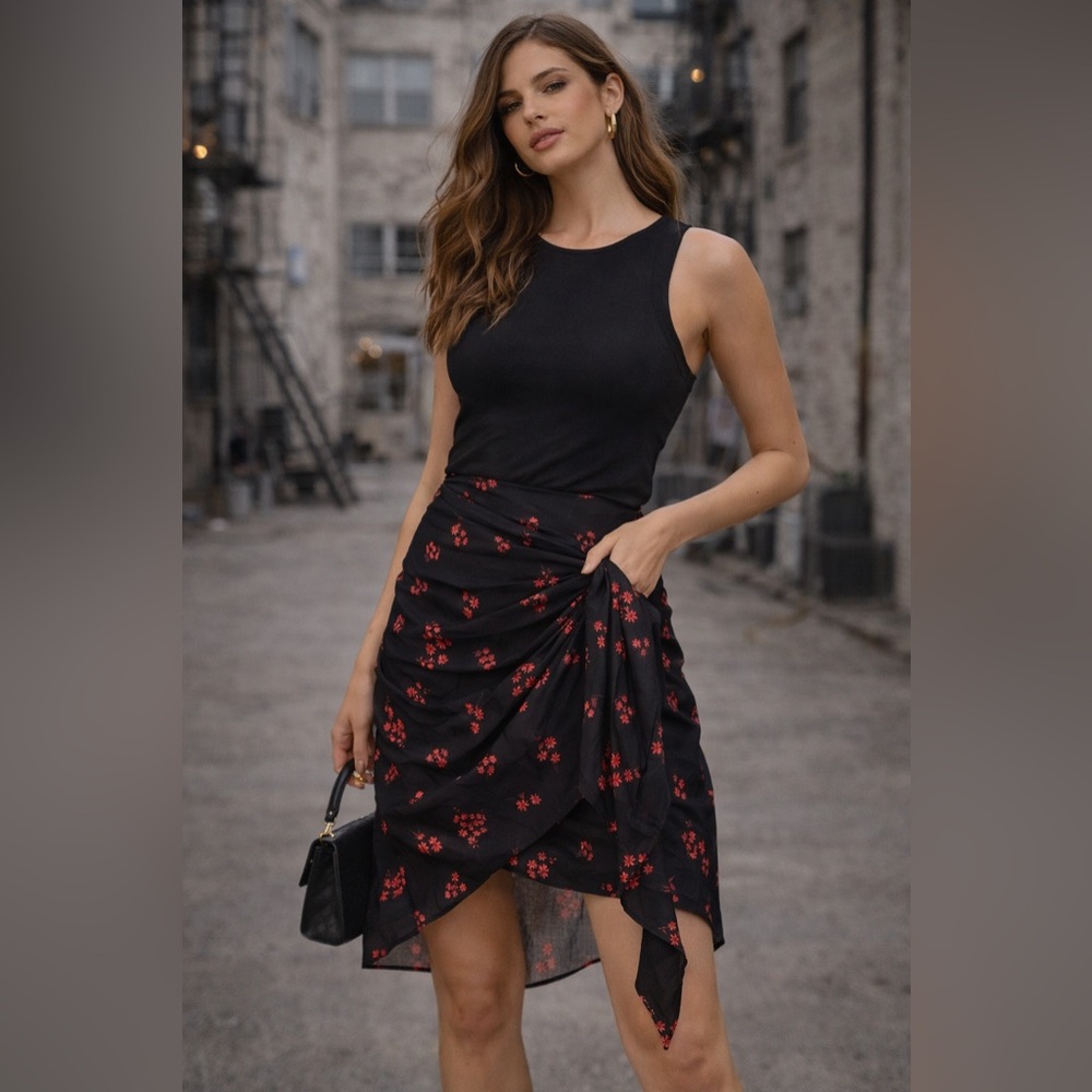 KEEPSAKE the Label Black Asymmetrical Skirt with Red Floral Design Small